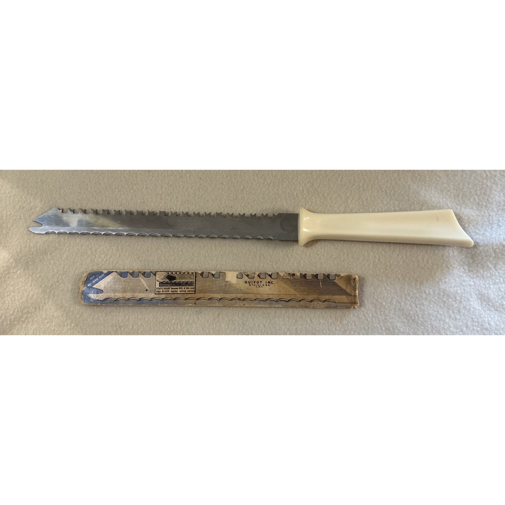 Vintage Quikut Quikkle Stainless Steel Bread Knife 15" with Off White Handle